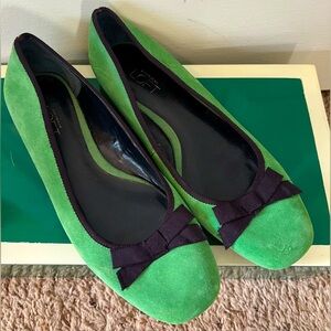 LOFT Green Suede Flats with Navy Grosgrain Bow